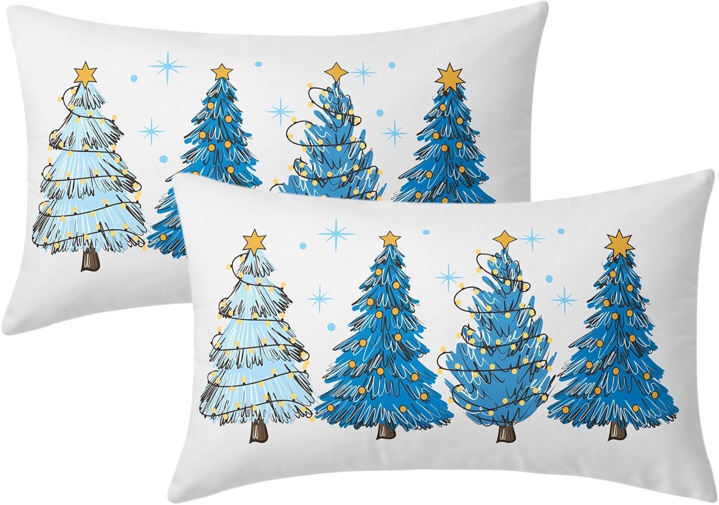 Blue Christmas Tree Lumbar Throw Pillow Covers 12X20 In Set of 2 Xmas Tree Lights Stars Decorative Rectangle Pillow Cases Winter Holiday Pillow Cover Farmhouse Home Decor For Living Room Sofa Couch