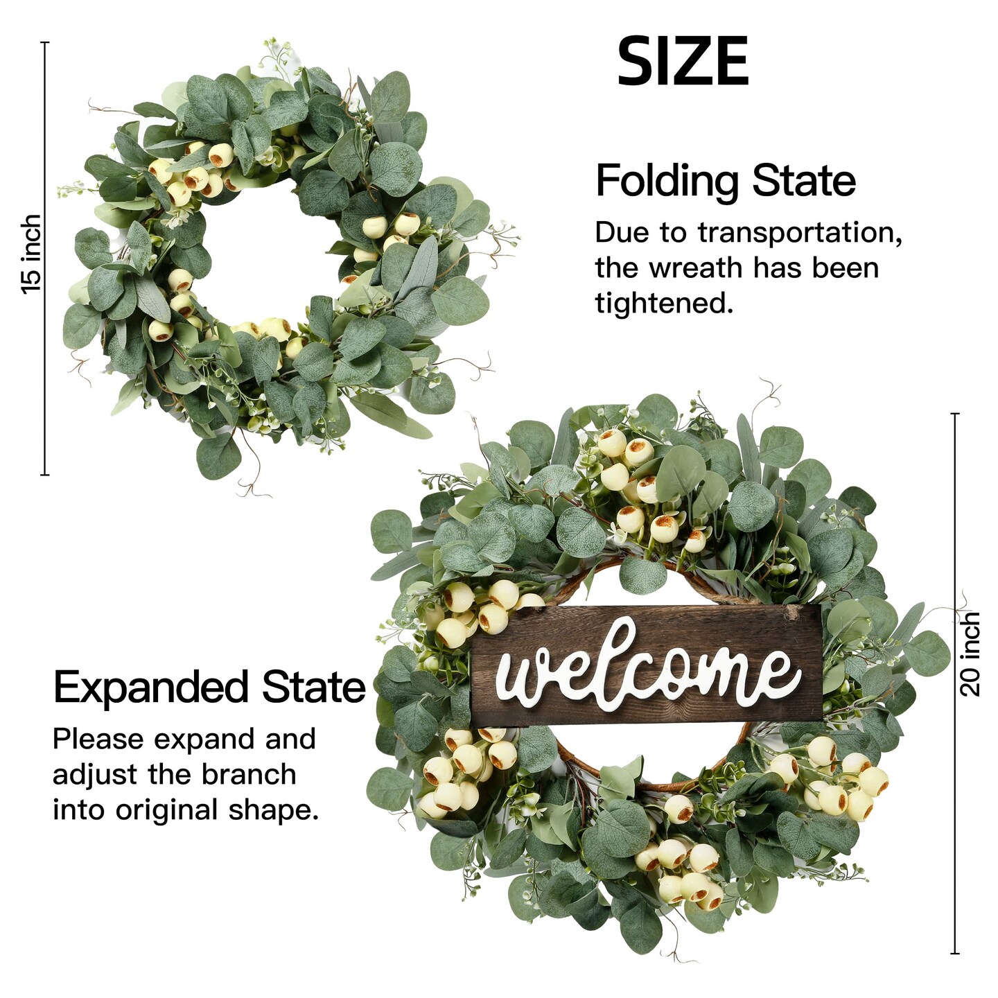 Green Artificial Eucalyptus Wreath with Welcome Sign 20in Spring Summer Wreath with White Berries for Front Door Wall Window Festival Porch Farmhouse Patio Garden Decor