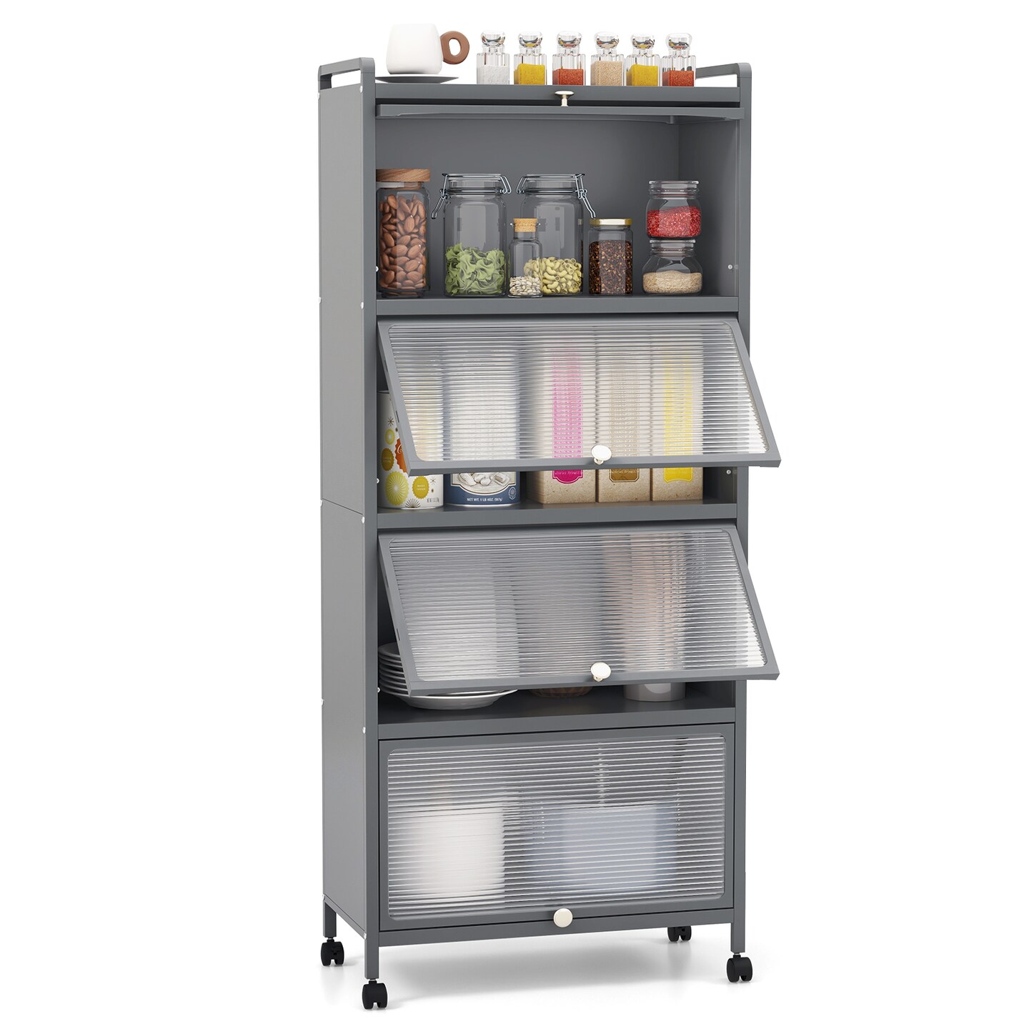Space-Saving 5-Tier Kitchen Rack with Retractable Flip-Up Doors and Casters