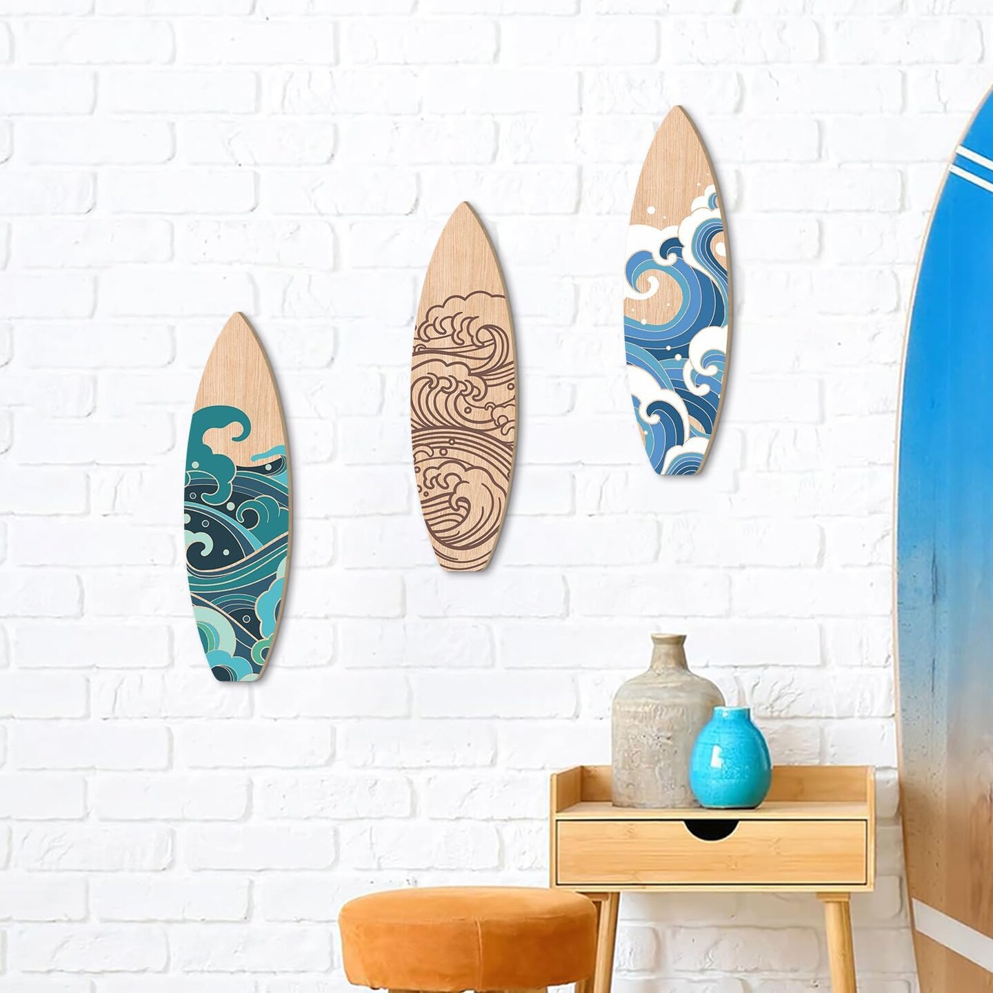 3 Pieces Summer Surfboard Wall Decor Surfboard Wooden Beach Decor for Bedroom Surf Boards for Decorating Beach Art Room Bedroom Party
