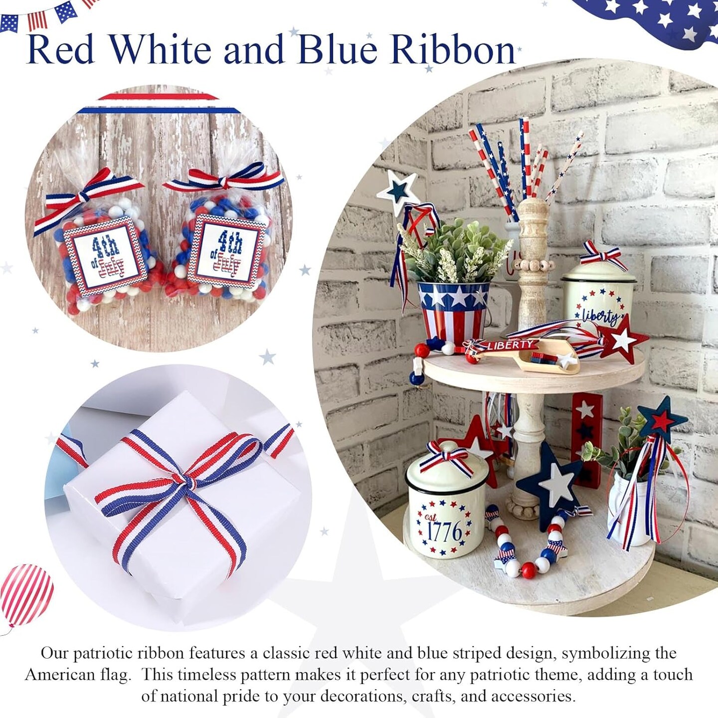 Red White Blue Ribbon, 3/8inch 50 Yards Striped Grosgrain Ribbon for Gift Wrapping Craft Hair Accessories 4th of July Decorations Memorial Day Decorations