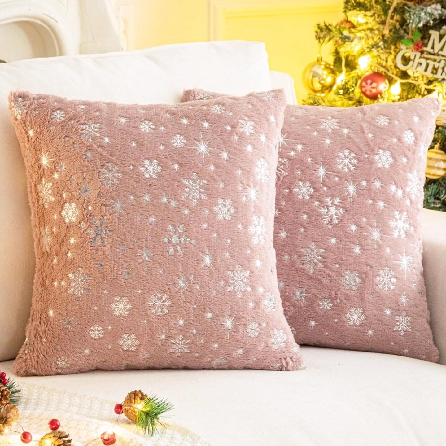 Soft Faux Fur Fuzzy Cute Decorative Throw Pillows Covers with Snowflake Glitter Printed Pillowcases for Christmas Decor Home Bed Room Sofa Chair Couch, Pink 18x18 inch, Pack of 2