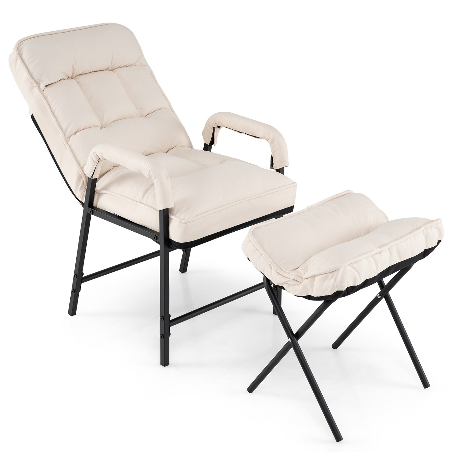 Beige Linen Recliner Chair with Ottoman and Adjustable Backrest Metal Frame Lounge Accent Seat