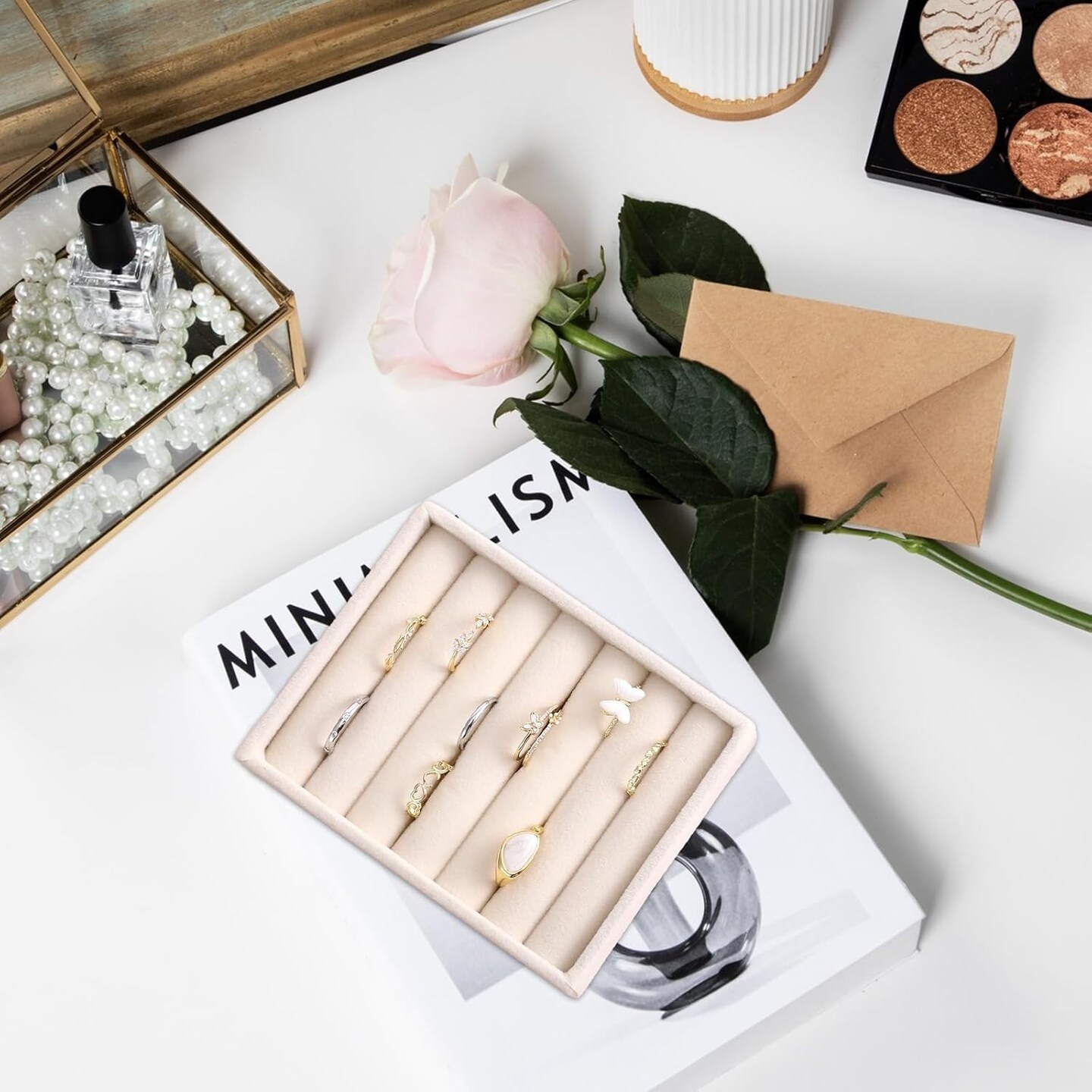 2 Pcs Velvet Ring Holder Display Tray, Small Jewelry Organizer Inserts for Rings & Earrings, Stackable Drawer Storage Trays for Home or Store Display – Beige