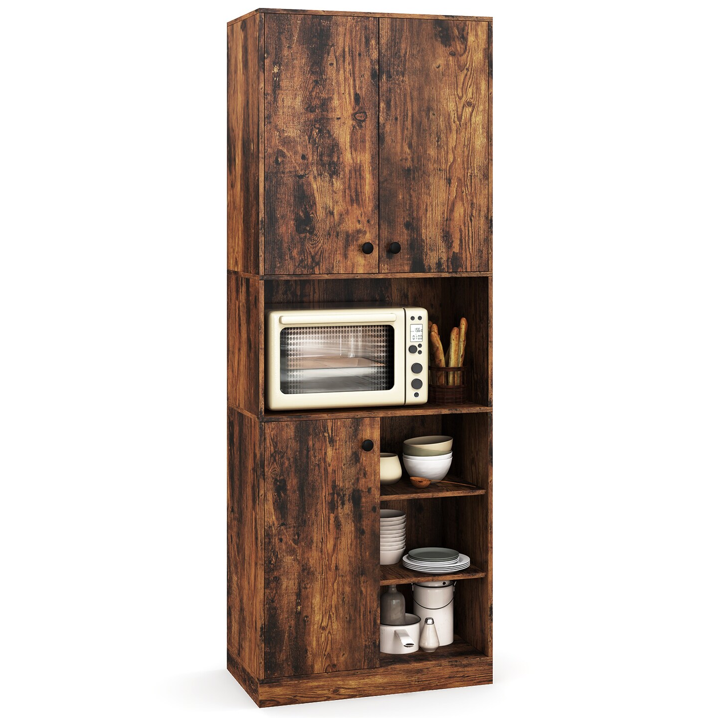 Rustic Brown Freestanding Kitchen Pantry with Microwave Countertop Cabinets and Open Shelves