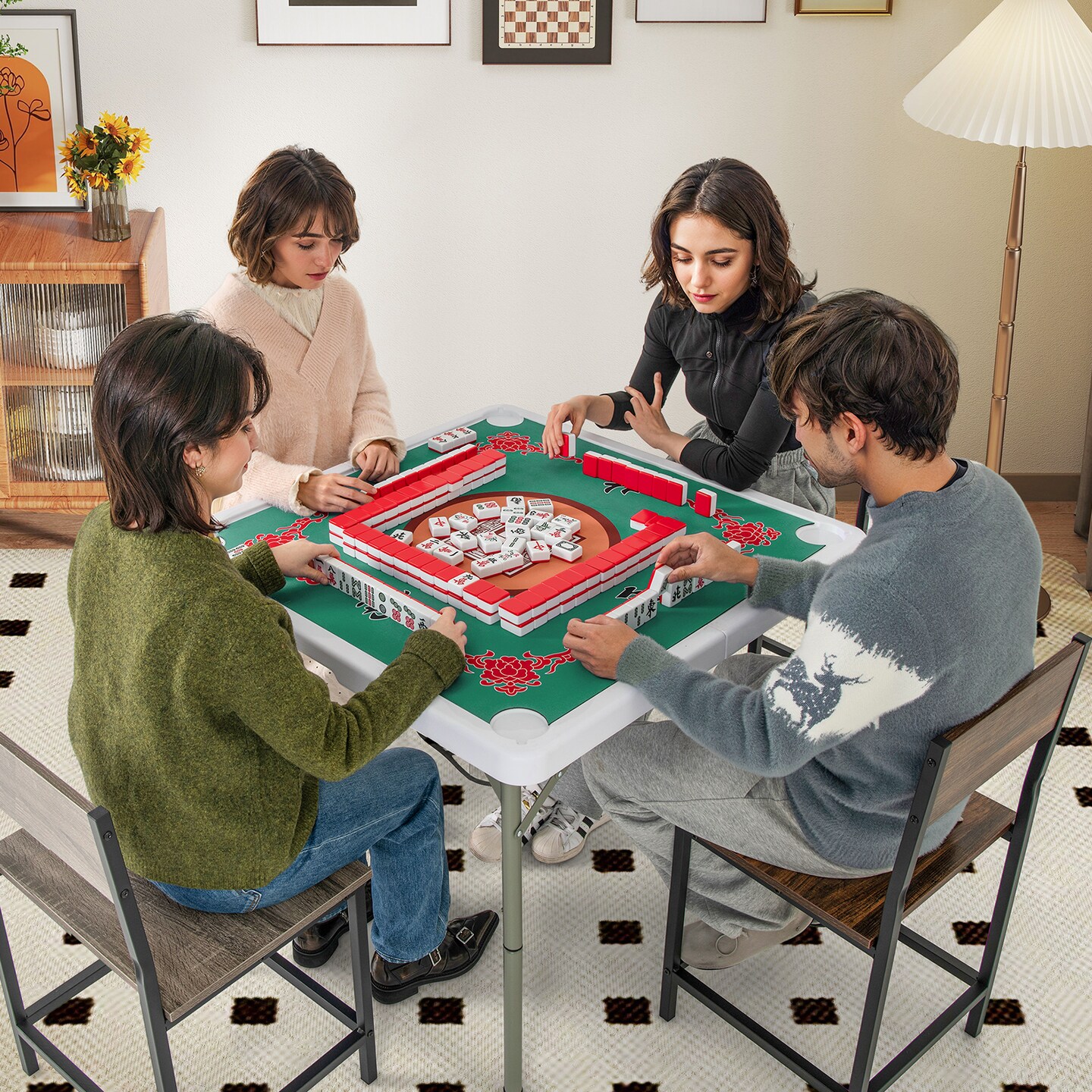 35&#x22; Foldable Mahjong Table with Mat and Handle Portable Game Table for 4 Players Indoor Outdoor Use