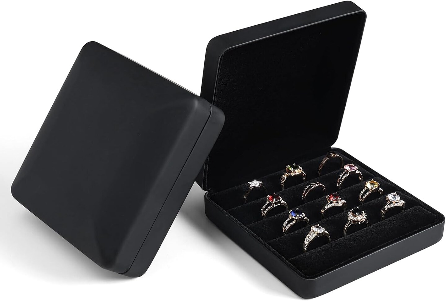 Small Ring Organizer Box, Portable Jewelry Rings Display Collector Case, Jewelry Ring Tray holder Showcase. Modern Ring Storage Boxes Fit for Women, Girl for Travel (Black)