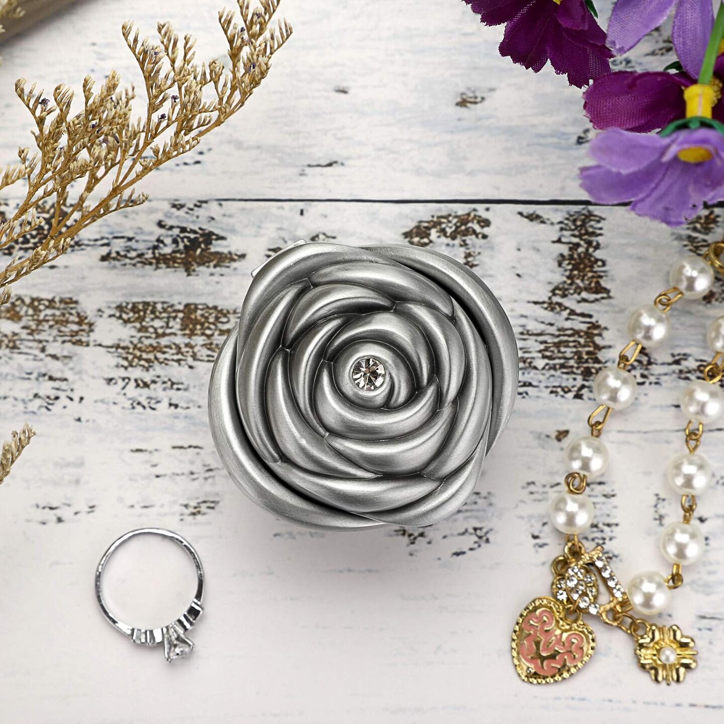 Rose Shape Vintage Jewelry Box - Small Trinket Storage Holder Case Keepsake Organizer Box for Rings Earrings Necklace Treasure, Gift for Girls Women, Small
