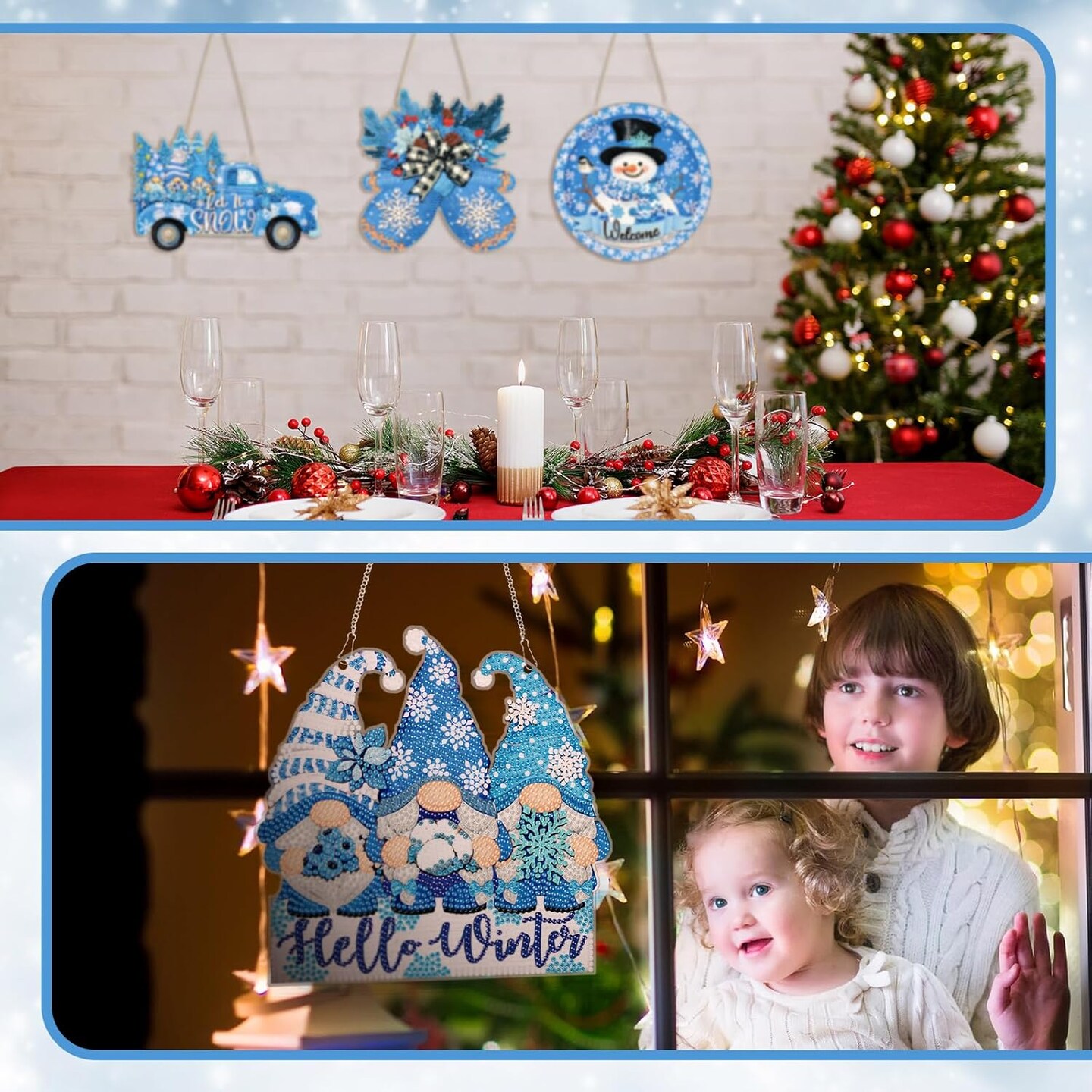 6-Piece Winter Diamond Painting Hanging Sign Set – 5D DIY Snowman & Gnome Art Pendants, Acrylic Tree, Wreath & Truck Ornaments for Wall & Window Decor