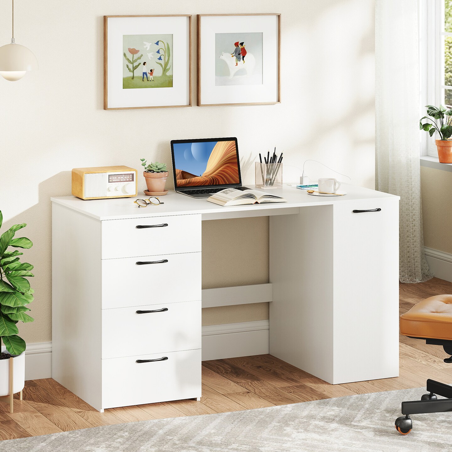 Computer Desk with Drawers, Cabinet and Charging Ports for Home Office