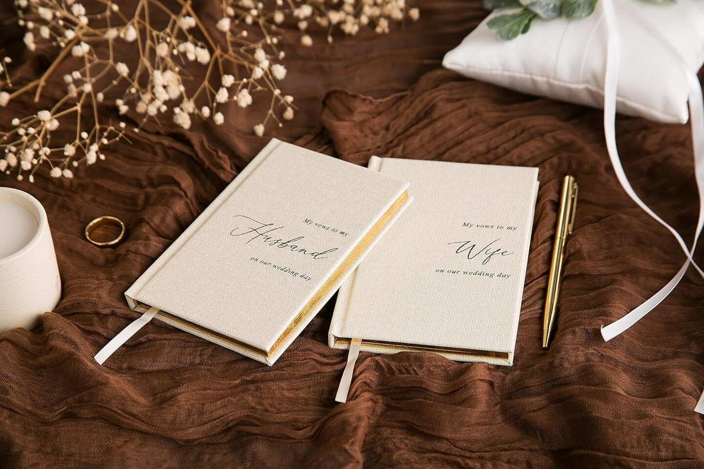 Hard Cover Vow Books (Set of 2) - Cream Canvas Linen Foil Embossed Wedding Ceremony Vow Renewal Speech Books, Couple Gifts for Engagement (To My Husband/Wife)