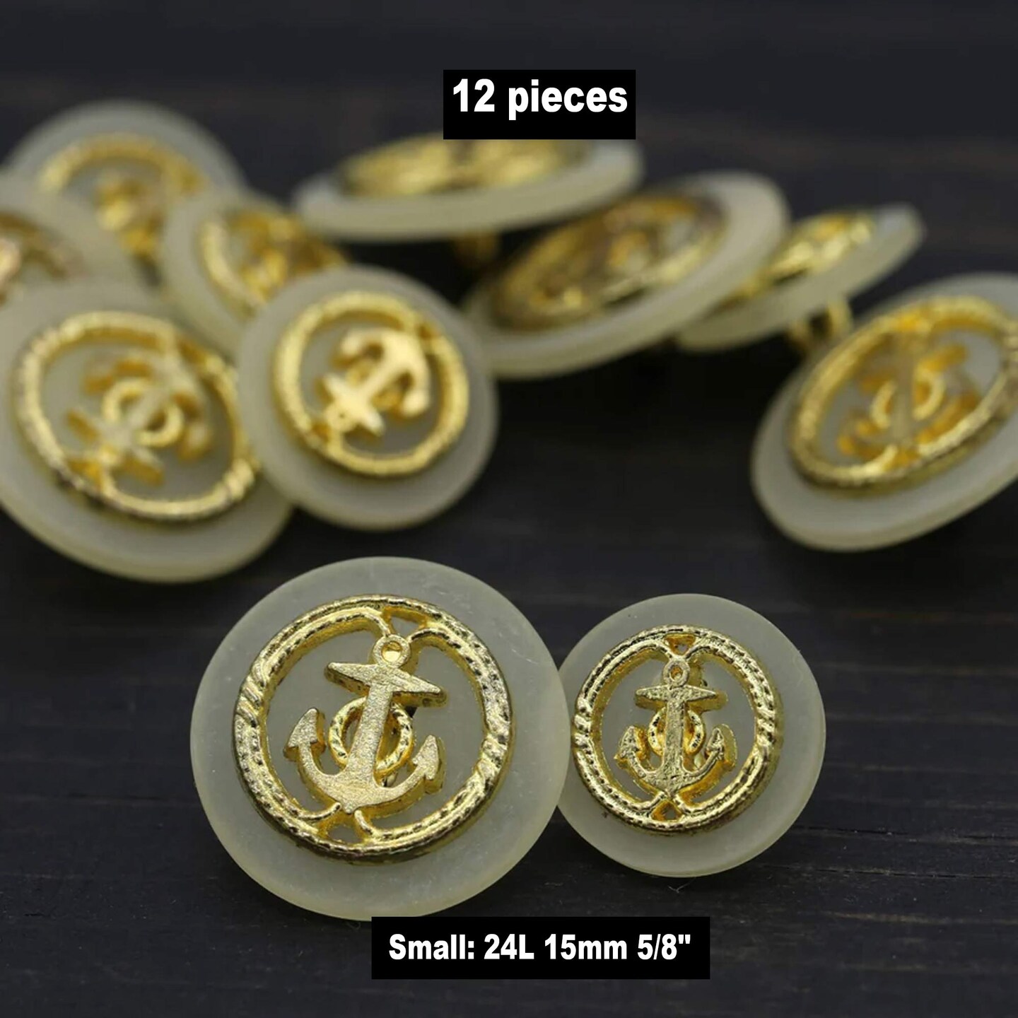 12 Pieces Gold Anchor on Ivory Base Buttons Small 5/8 Inch
