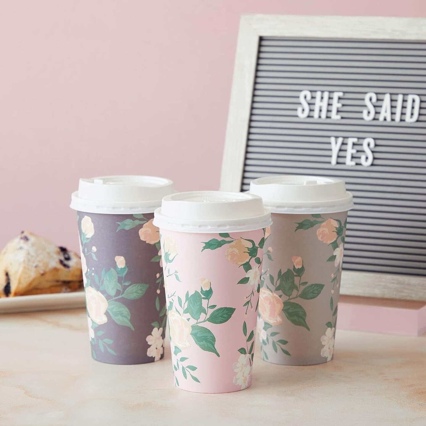 4 Pastel Designs 24 Pack Floral Paper Coffee Cups with Lids - Disposable To-Go Drinkware for Birthday Parties, Wedding Receptions, and Baby Showers - Coffee Cup 16 Oz