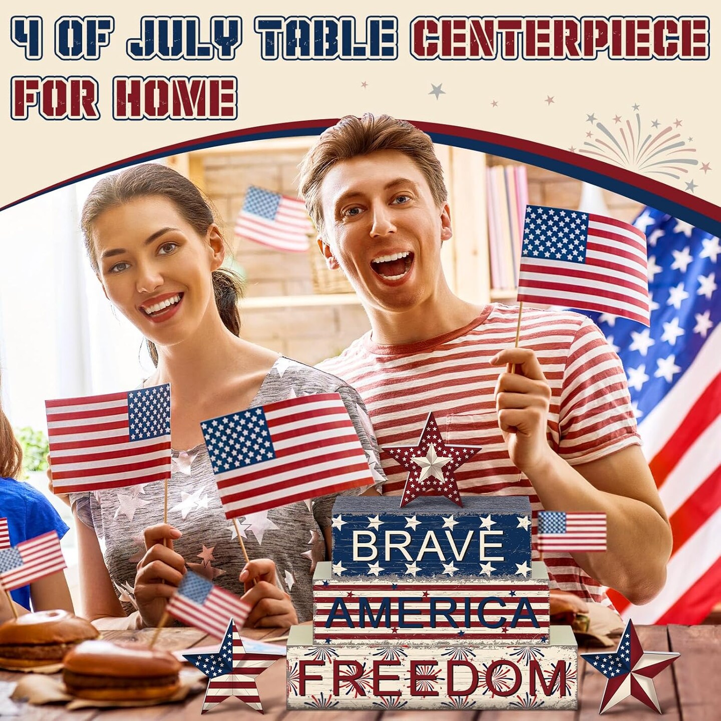 4 Pieces 4 of July Table Decorations Patriotic Memorial Day Wooden Block Signs Red White Blue Tabletop Centerpieces Farmhouse Independence Day Tiered Tray Decor for Home 250th Anniversary