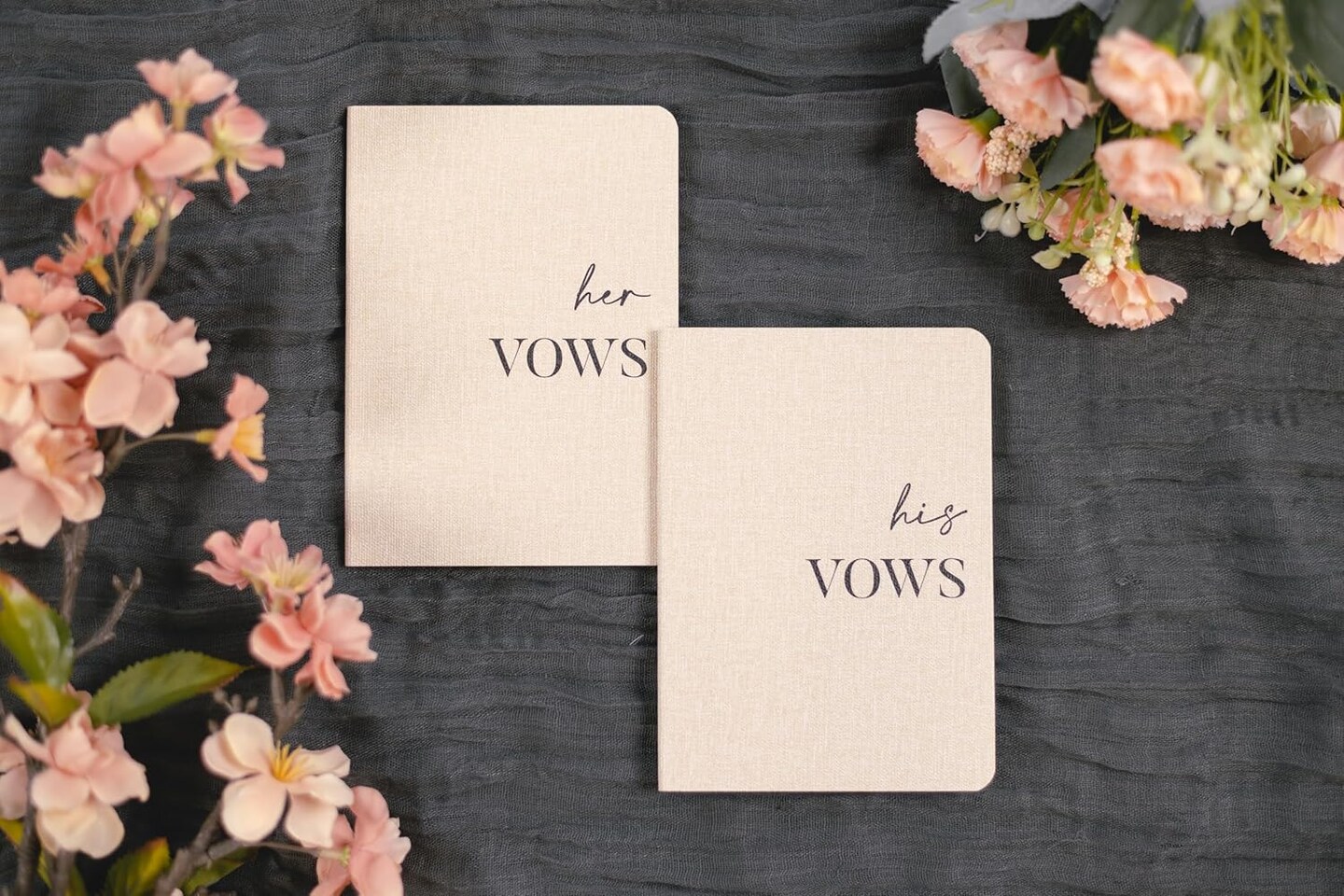 Slim Vow Books (Set of 2 - Design 1) - Soft Cream Canvas Linen Textured Cover Wedding Vow Booklets, Ceremony Speech Promise Notebook Journal, Gift for Newly Engaged Couple, 48 Lined Pages, 5.75&#x22; x 4&#x22;