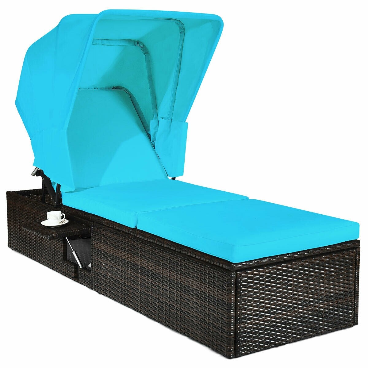 Turquoise Outdoor Wicker Chaise Cushioned Lounge with 5-Position Adjustable Backrest and Canopy