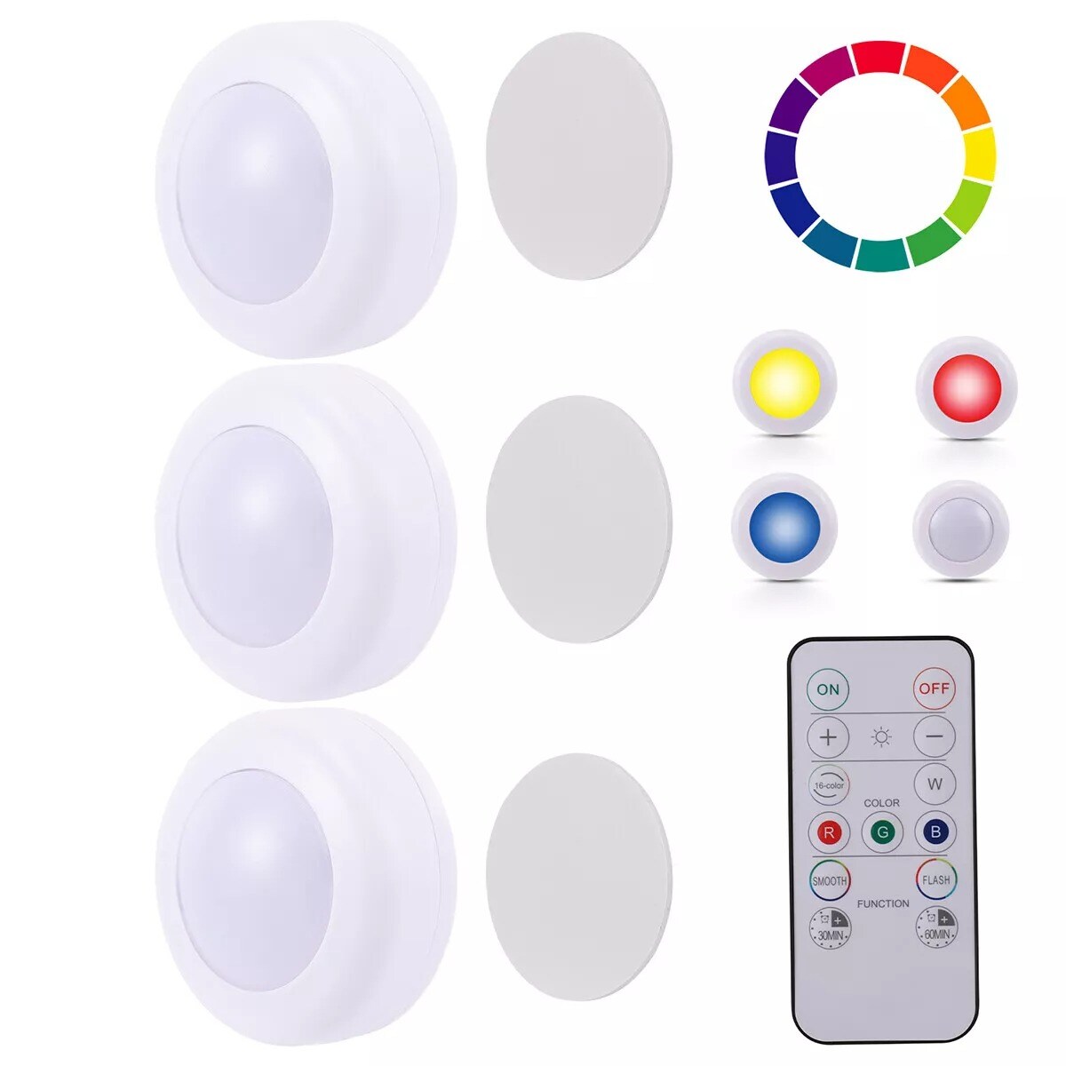 3x LED Closet Lights RGB Multicolor Wireless Puck Under Cabinet + Remote