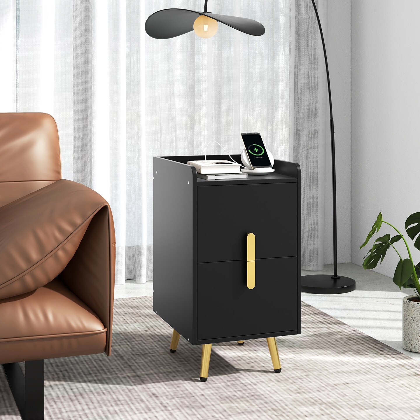 End Table Nightstand with Built-In Charging Station 2 USB Ports and 3 AC Outlets Drawers for Bedroom Office