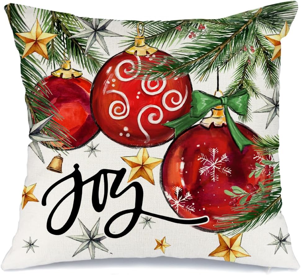 Christmas Pillow Cover 18X18 Inch Baubles Christmas Tree Stars Joy Decoration Holiday Farmhouse Winter Pillow Case for Sofa Couch Decor&#xFF08;Red&#xFF09; AA613-18