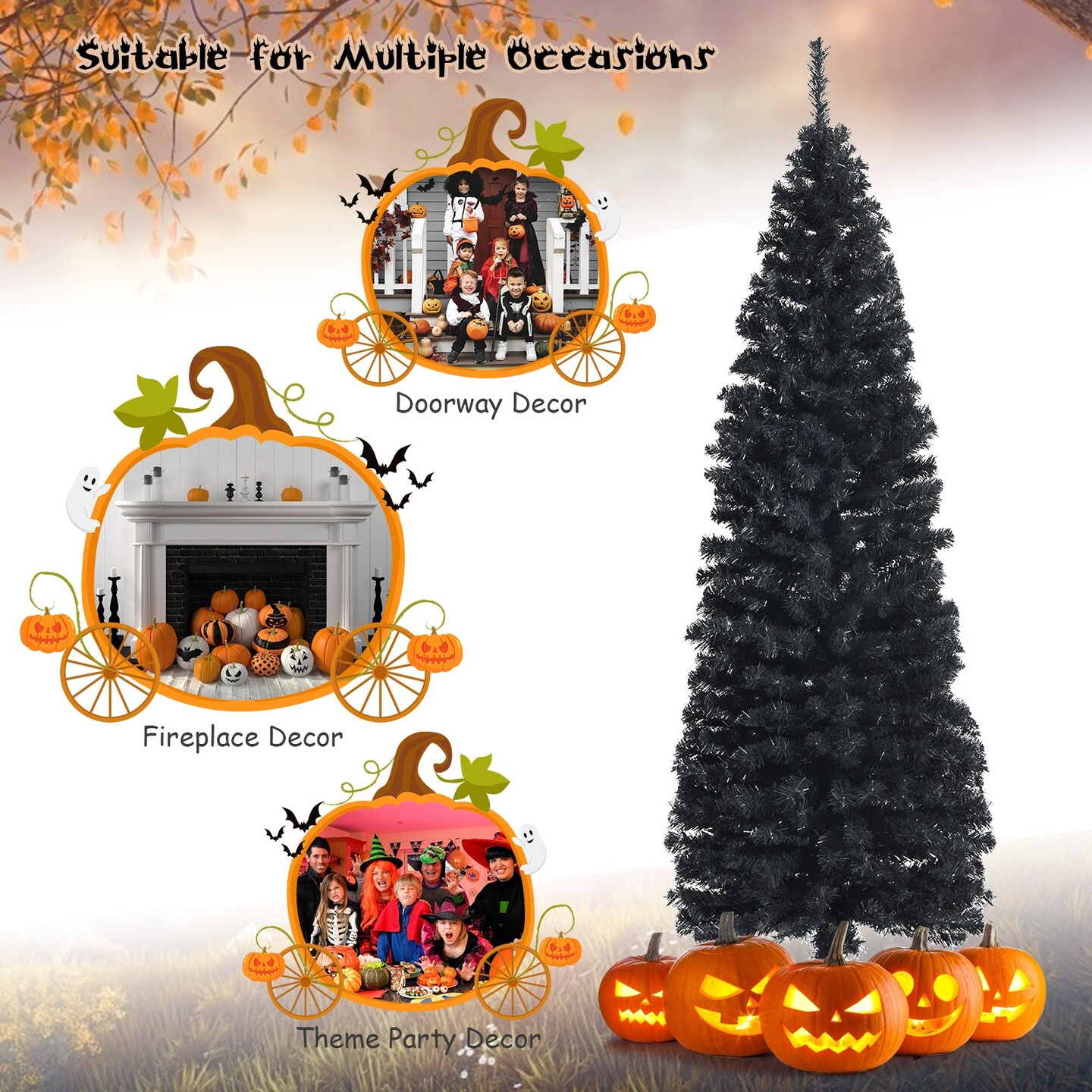 Slim 6 Ft Black Halloween Christmas Tree Pencil Style with 520 Tips and Iron Stand for Holiday Decor