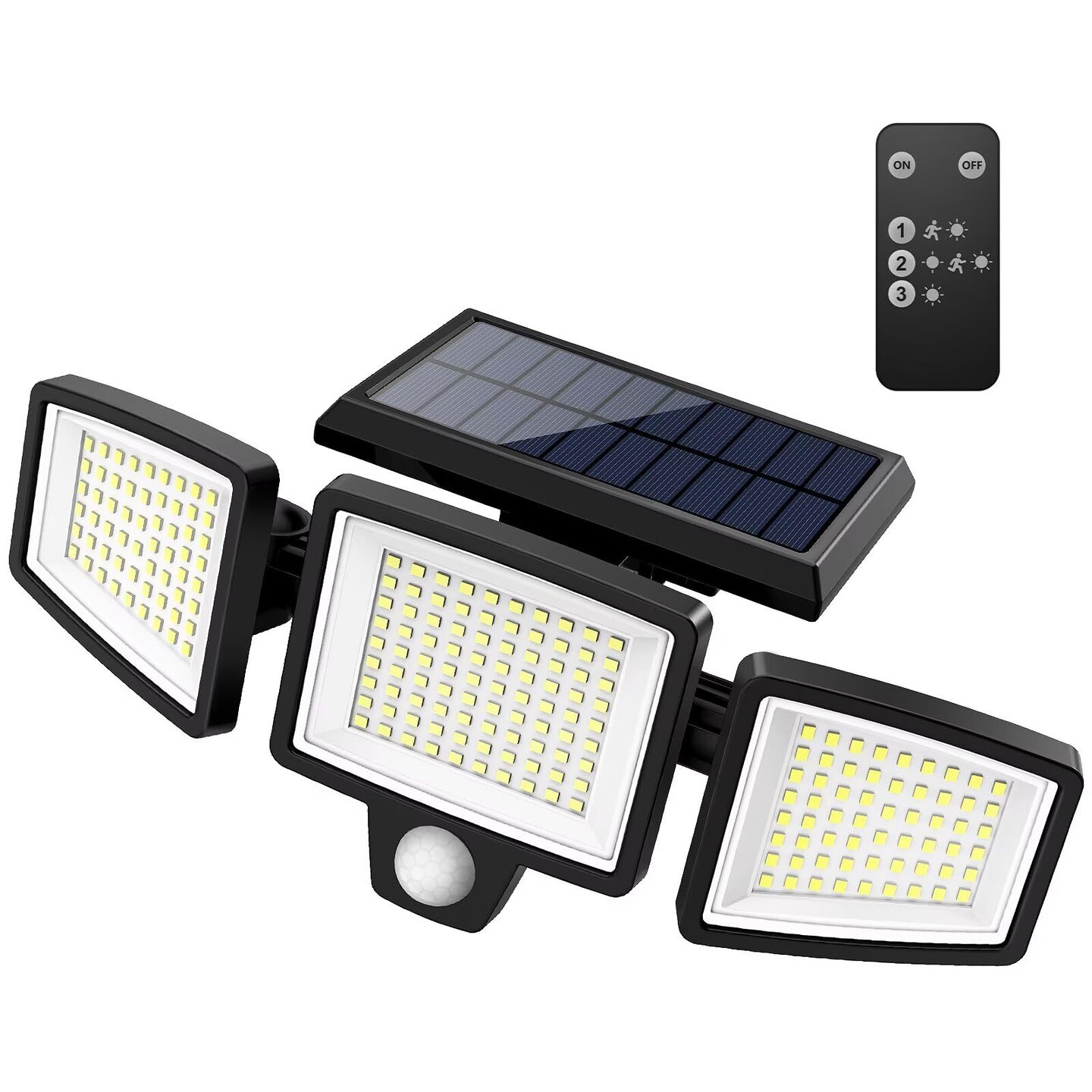 Solar Outdoor Lights 2500LM 210 LED Security Lights with Remote Control,3 Heads Motion Sensor Lights, IP65 Waterproof,270&#xB0; Wide Angle Flood Wall Lights with 3 Modes (1 Pack)