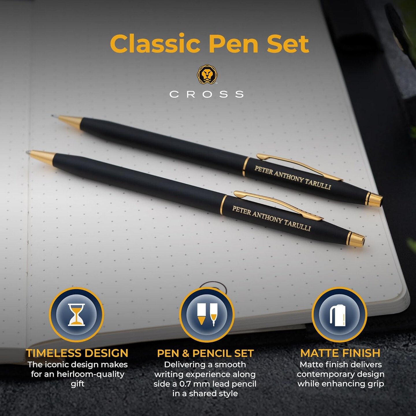 Cross Pen Set | Personalized Cross Classic Century Ballpoint Pen and 0.7mm Pencil Set. Matte Black Finish with Gold Trim. Iconic Cross Gift Set.