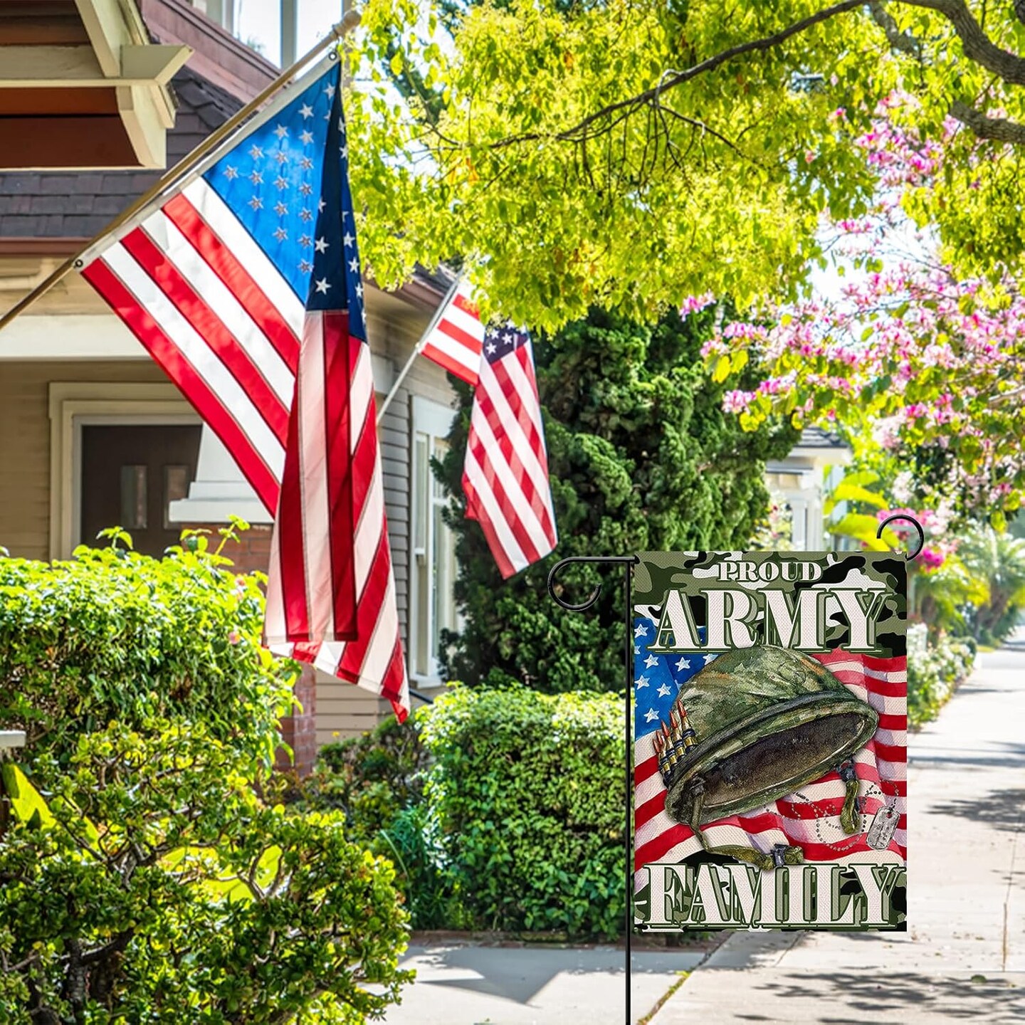 Proud Army Family 4th of July Patriotic Small Garden Flag, American Memorial Day Military Veterans Day Yard USA Armed Forces Rangers Outdoor Home Decoration America Outside Decor 12x18