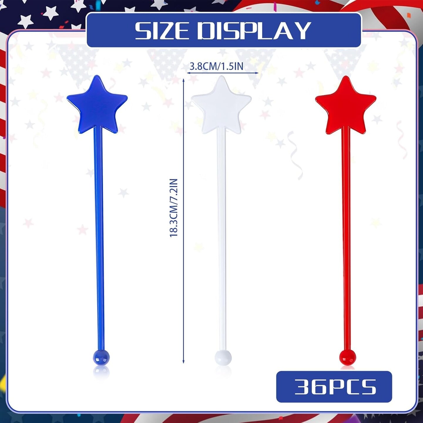 36 Pcs 4th of July Patriotic Cocktail Stirrers, Red White and Blue Drink Stirrers Plastic Swizzle Sticks Reusable Coffee Stirrers Stir Sticks for Fourth of July Independence Day Party Supplies