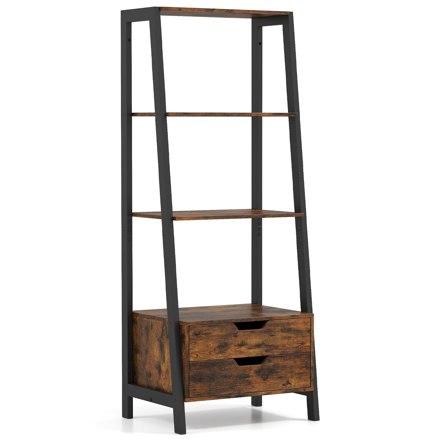Modern 4-Shelf Ladder Bookcase with Drawers and Sturdy Metal Frame for Living Room or Kitchen
