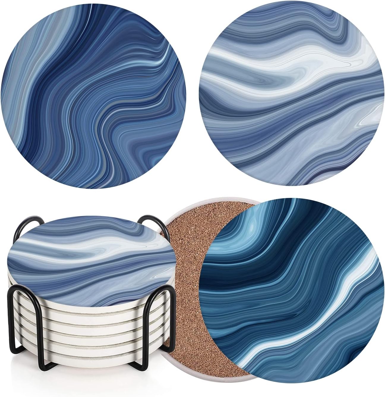 Coaster for Drinks Set of 6, Vintage Retro Colorful Blue Marble Absorbent Round Ceramic Stone Mat, with Cork Base and Metal Holder, Gift for Housewarming Room Bar Decor