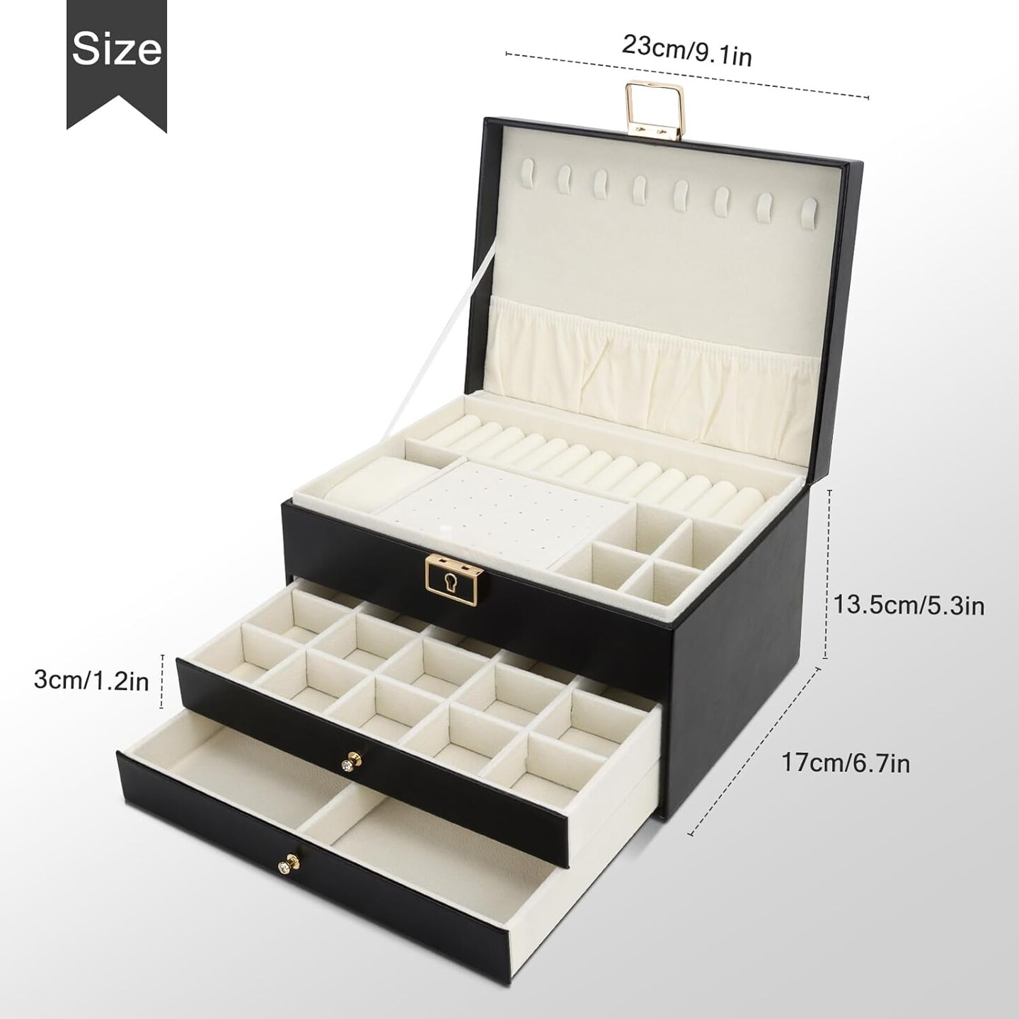 Jewelry Box,Jewelry Organizer with 2 Drawers, 3 Layers Leather Jewelry Storage Box with Lock, Jewelry Storage Case for Necklaces Earrings Bracelets and Rings(Black)