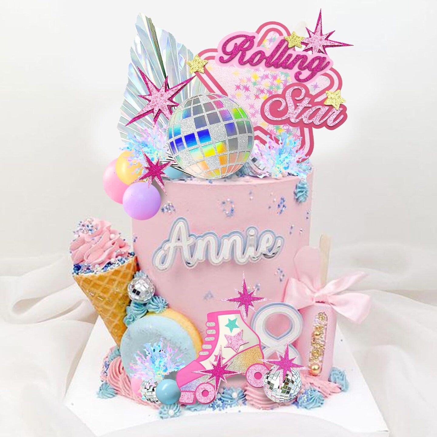 Roller Skate Cake Topper Disco Ball Cake Toppers Pastel Ball Cake Decorations Hot Pink Stars for Girls 80s 90s Skating Hip Hop Theme Rolling Party Decorations
