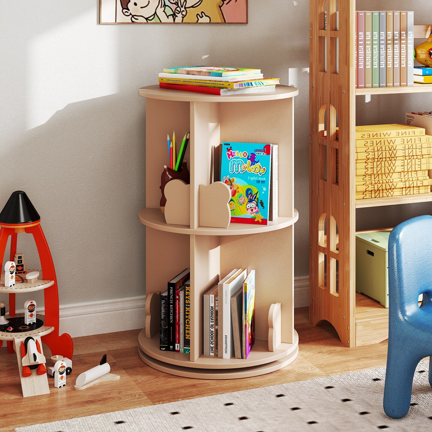 2 Tier Rotating Kids Bookshelf Storage Rack with Bear Baffles and 8 Slots