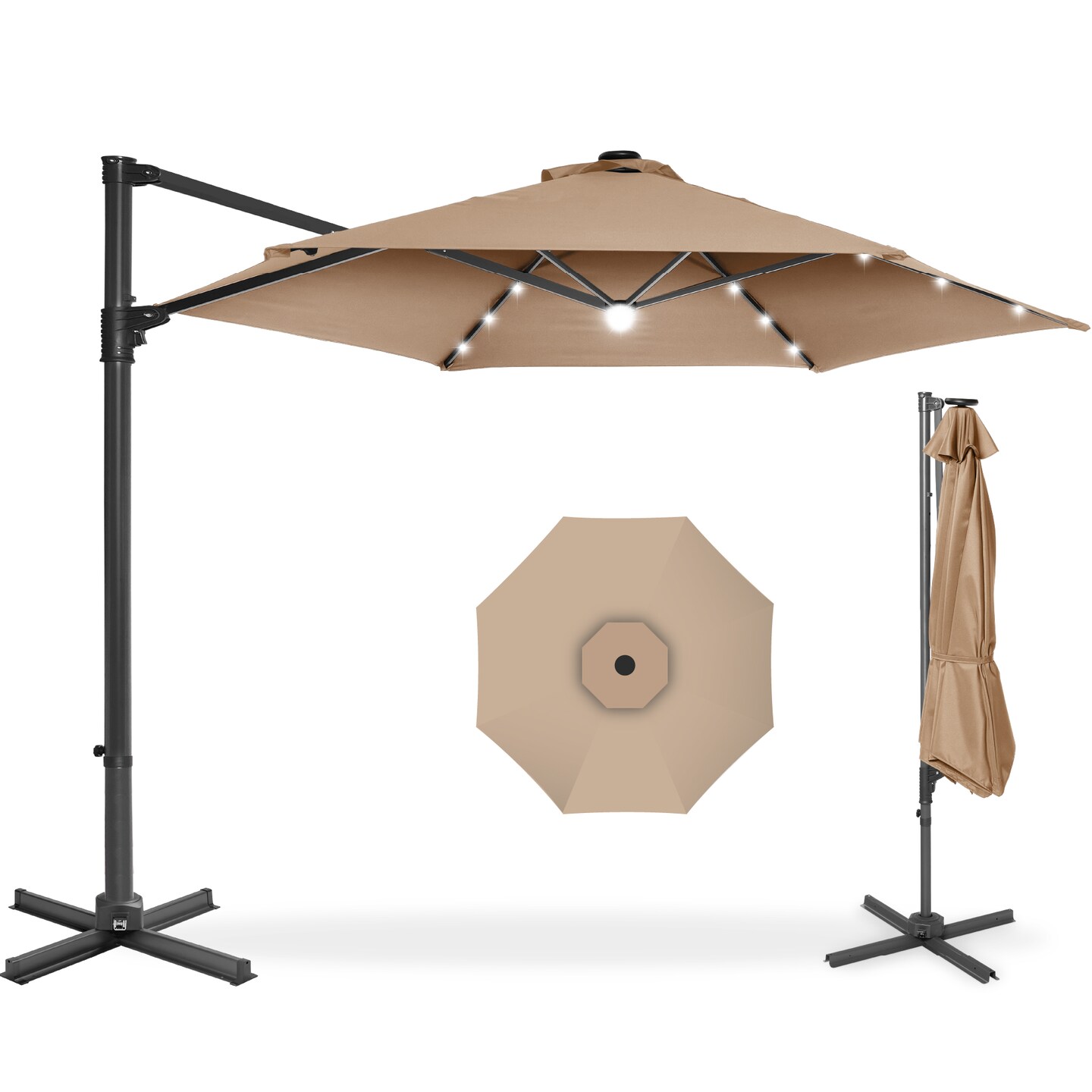 Best Choice Products 10ft 360° Rotating Cantilever Easy Auto Open Patio Umbrella w/ Solar LED Lights