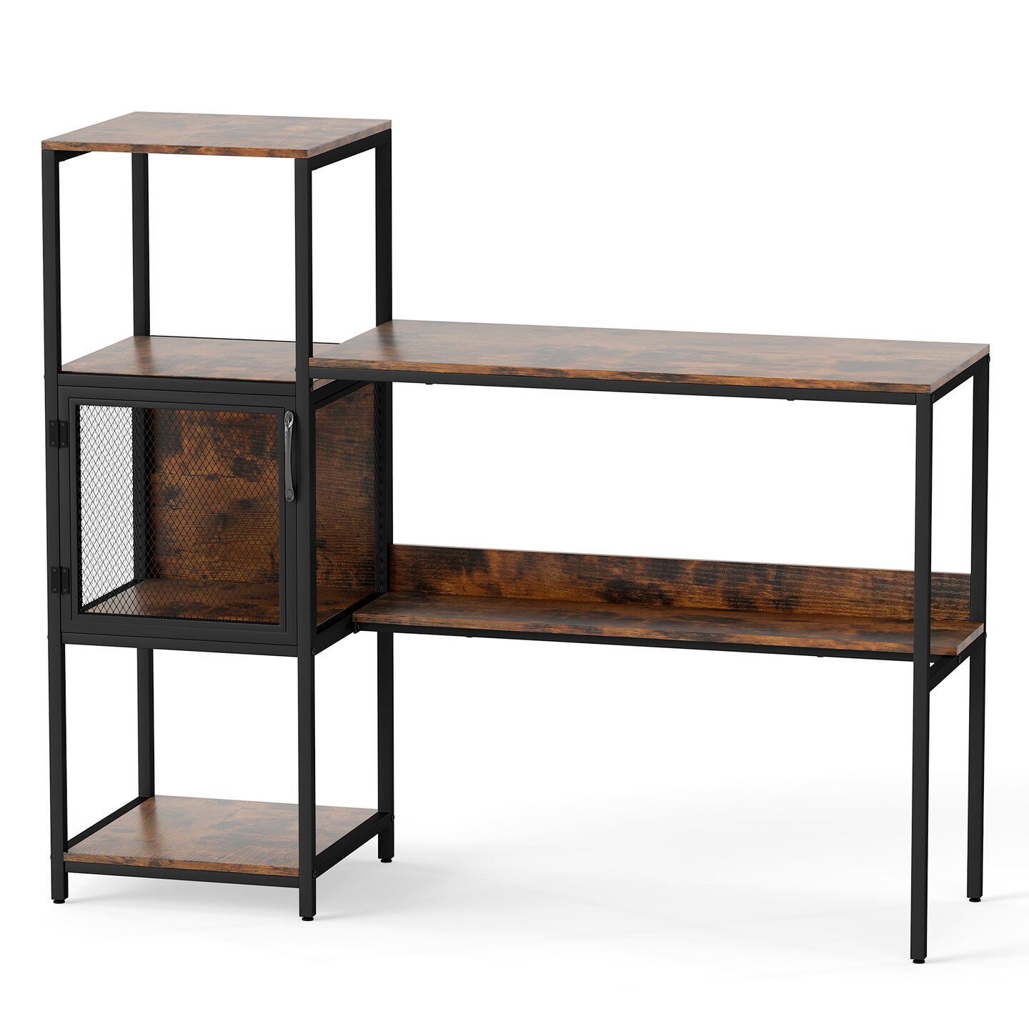 Rustic Brown Engineered Wood and Black Metal Computer Desk with Bookshelf