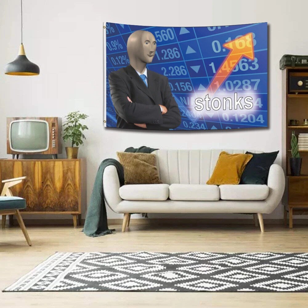 Stonks Meme Flag 3x5FT College Dorm Room Party Man Cave