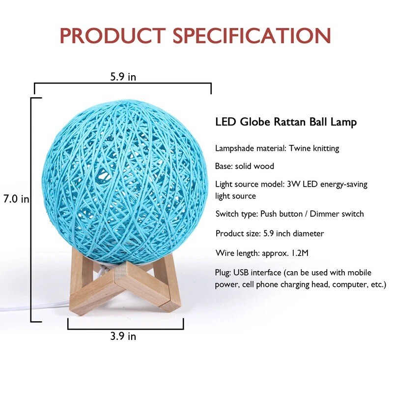 LED Rattan Ball USB Night Light Bedside Desk Lamp with Remote