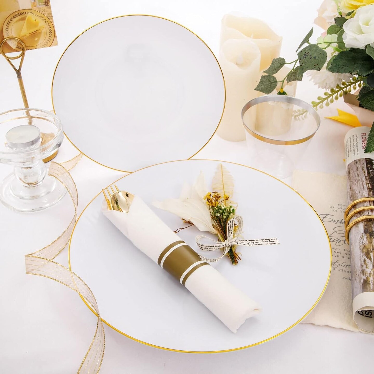 140Pcs Gold Plastic Plates, White Plates with Gold Rim, Disposable Dinnerware Include 20Dinner Platos, 20 Dessert Platos, 20Pre Rolled Napkins with Cutlery and 20 Cups for Party