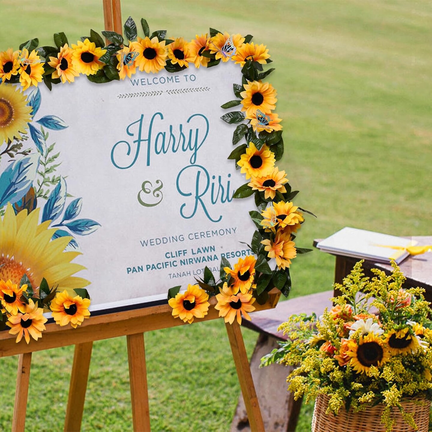 4 Pack Sunflower Garland Fall Decor,7.5ft Silk Artificial Sunflower Outdoor Hanging Vines with Green Leaves Garland for Garden Party Table Centerpieces Wedding Decorations