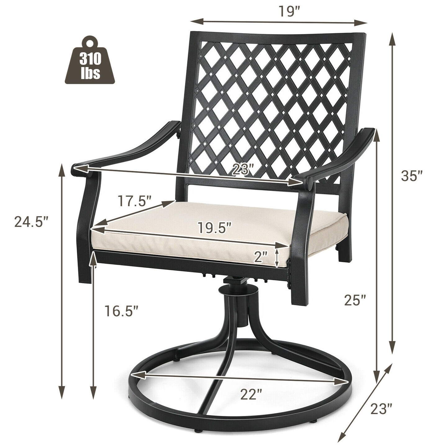 Set of 2 Beige Swivel Rocking Outdoor Chairs with Heavy-Duty Steel Frame and Removable Cushions