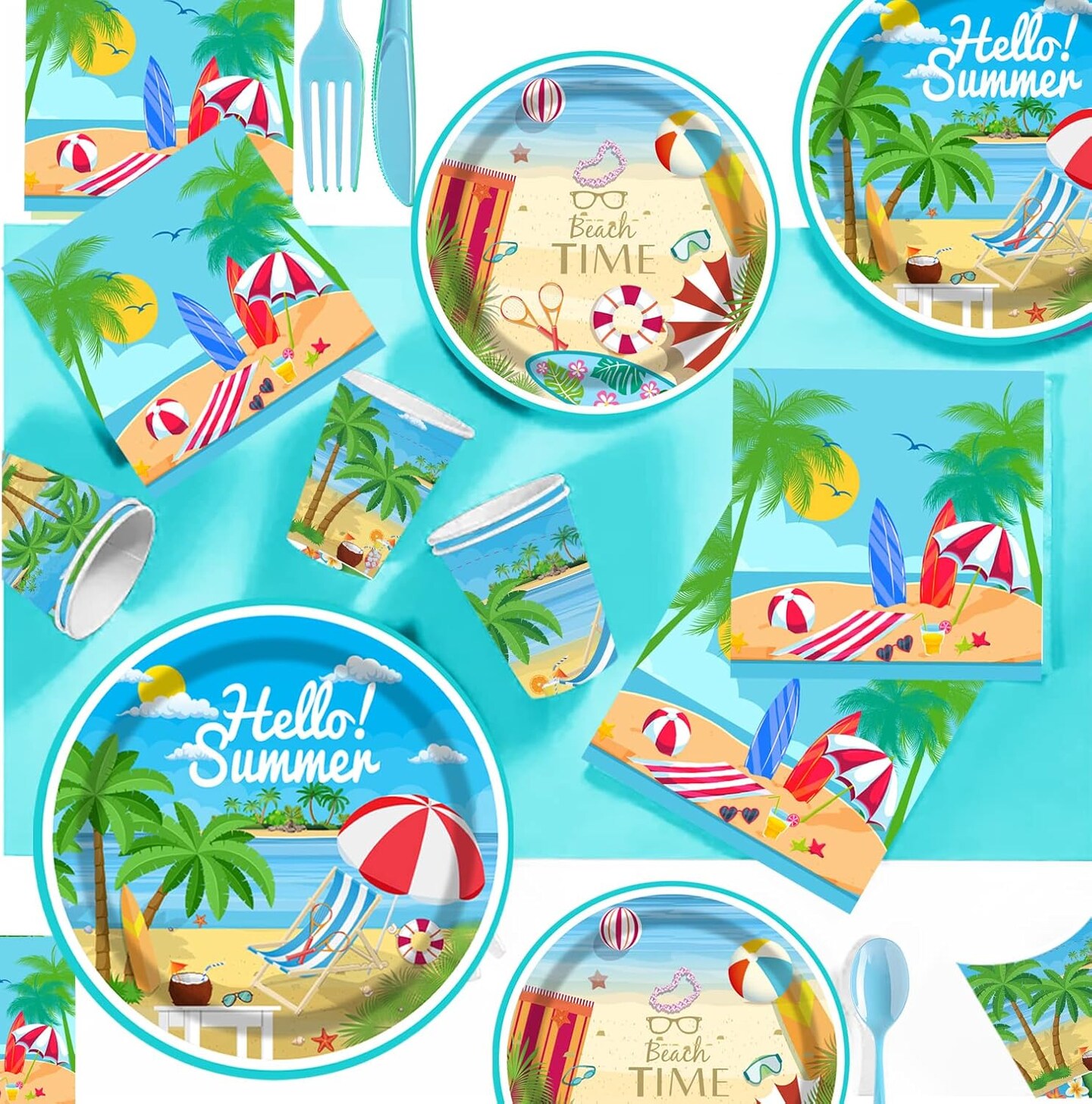 177 pcs Beach Party Supply Disposable Tableware Set with Tablecloth Paper Plates Napkins Cups Plastic Forks Knives Spoons