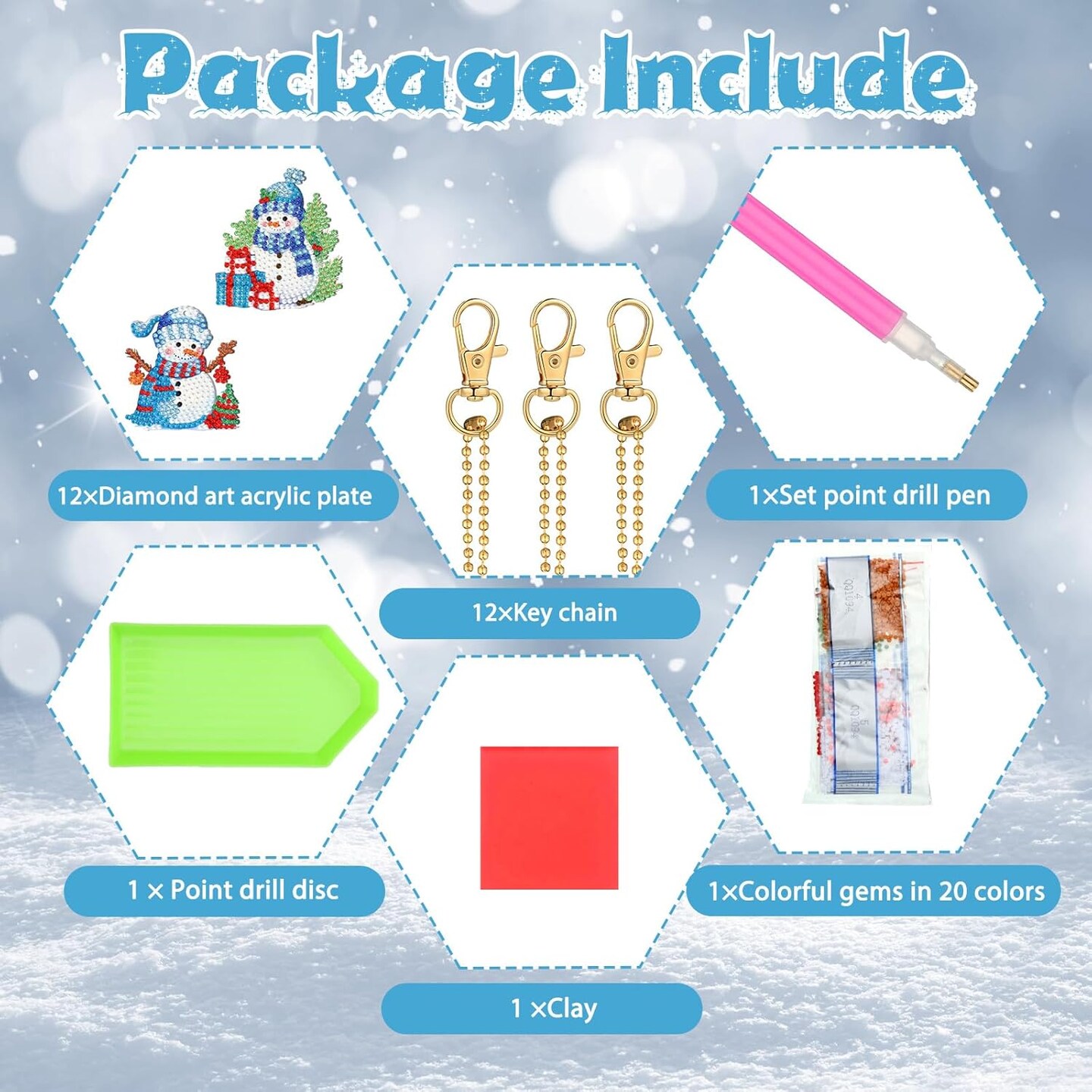 12 Pcs Diamond Art Christmas Ornaments Snowman Diamond Painting Kit 5d DIY Art Keychains Winter Hanging Ornaments for Kids Winter Home Crafts Decorations(Blue)