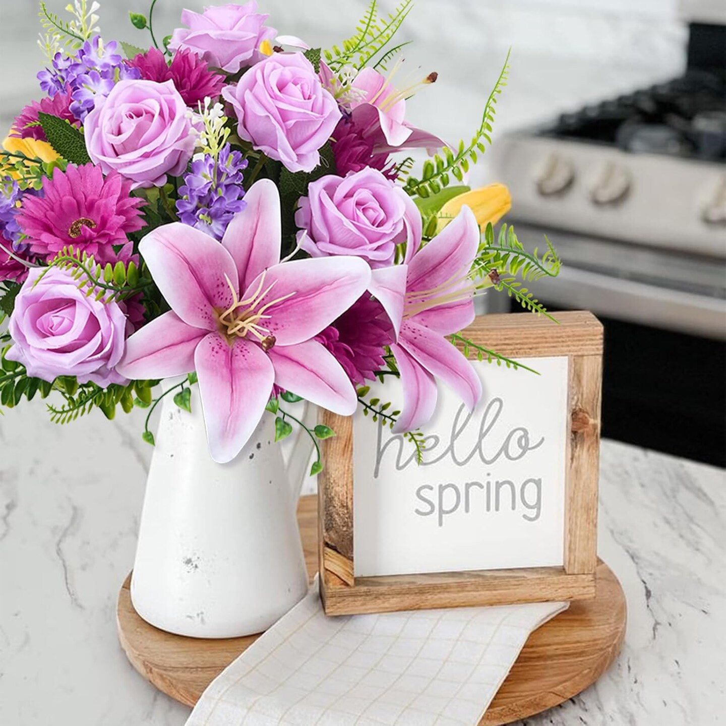 Artificial Flowers Purple Cemetery Flowers Memorial Day Fake Rose Hyacinth with Chrysanthemum Bouquet Summer Silk Floral Arrangement for Home Garden Wedding Table Entryway Indoor Outdoor Decor