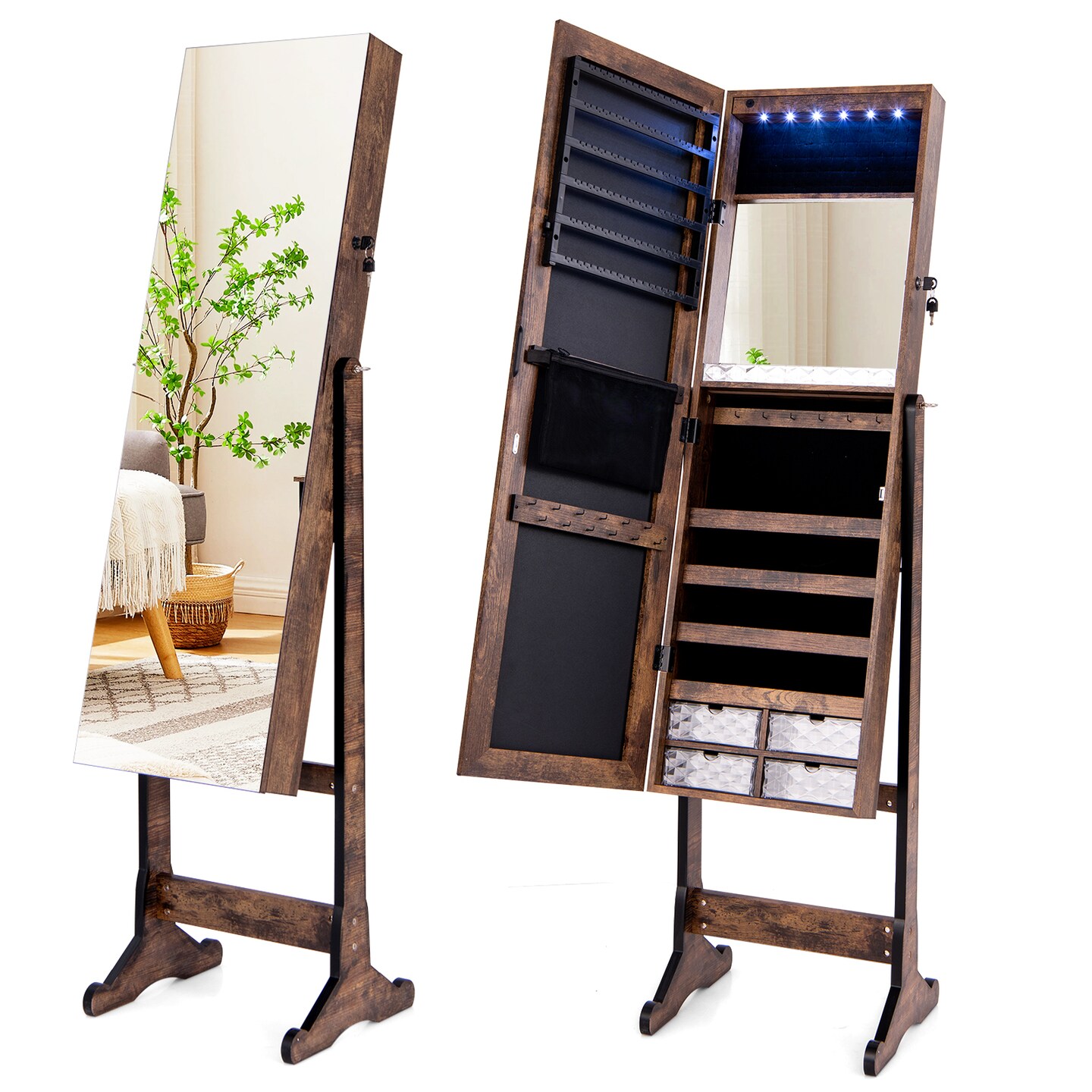 Full Length Jewelry Armoire Mirror with LED and Storage Shelves