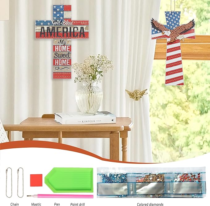 2 Pack Cross Diamond Painting Kits 5D DIY Diamond Painting Cross Special Shaped Diamond Art Kit Patriotic Flag Hanging Wall Home Decor with Tools for Adults