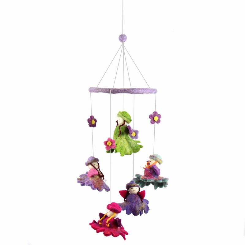 20 Inch Felt Mobile with Colorful Flower Fairies Handmade Wool Hanging Nursery Accessory