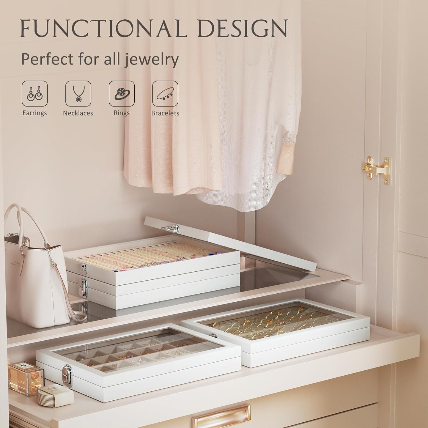 Jewelry Storage Tray with Lid, 100 Grids Velvet Ring Organizer Holder Storage Box for Drawer -Beige