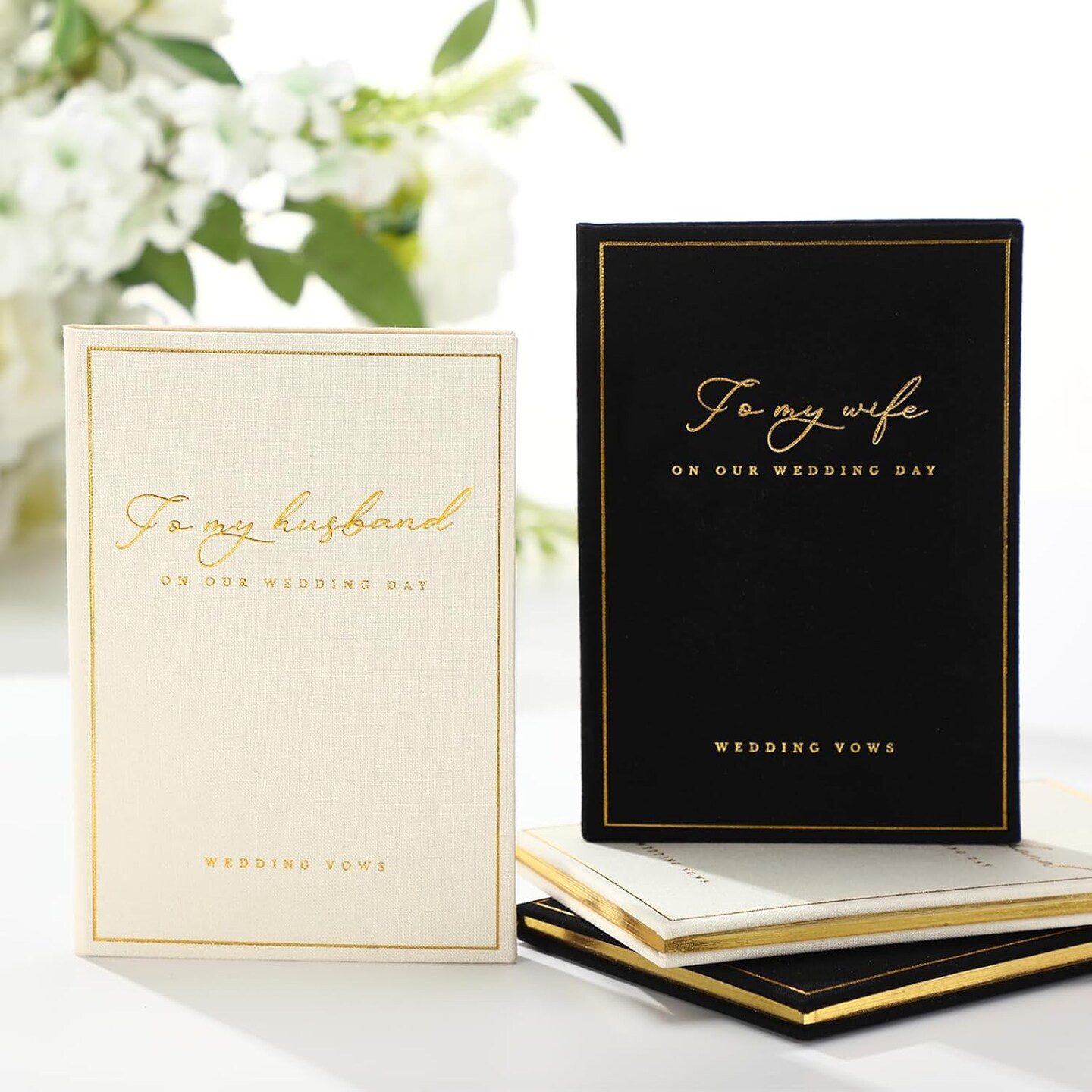 2 Pcs Vow Books to My Husband Wife Wedding Vow Book with Gold Foil Lettering Lined Page Hard Cover Vow Book Engagement Gift for Groom Newly Engaged Couple Wedding Must Have(Black-White)