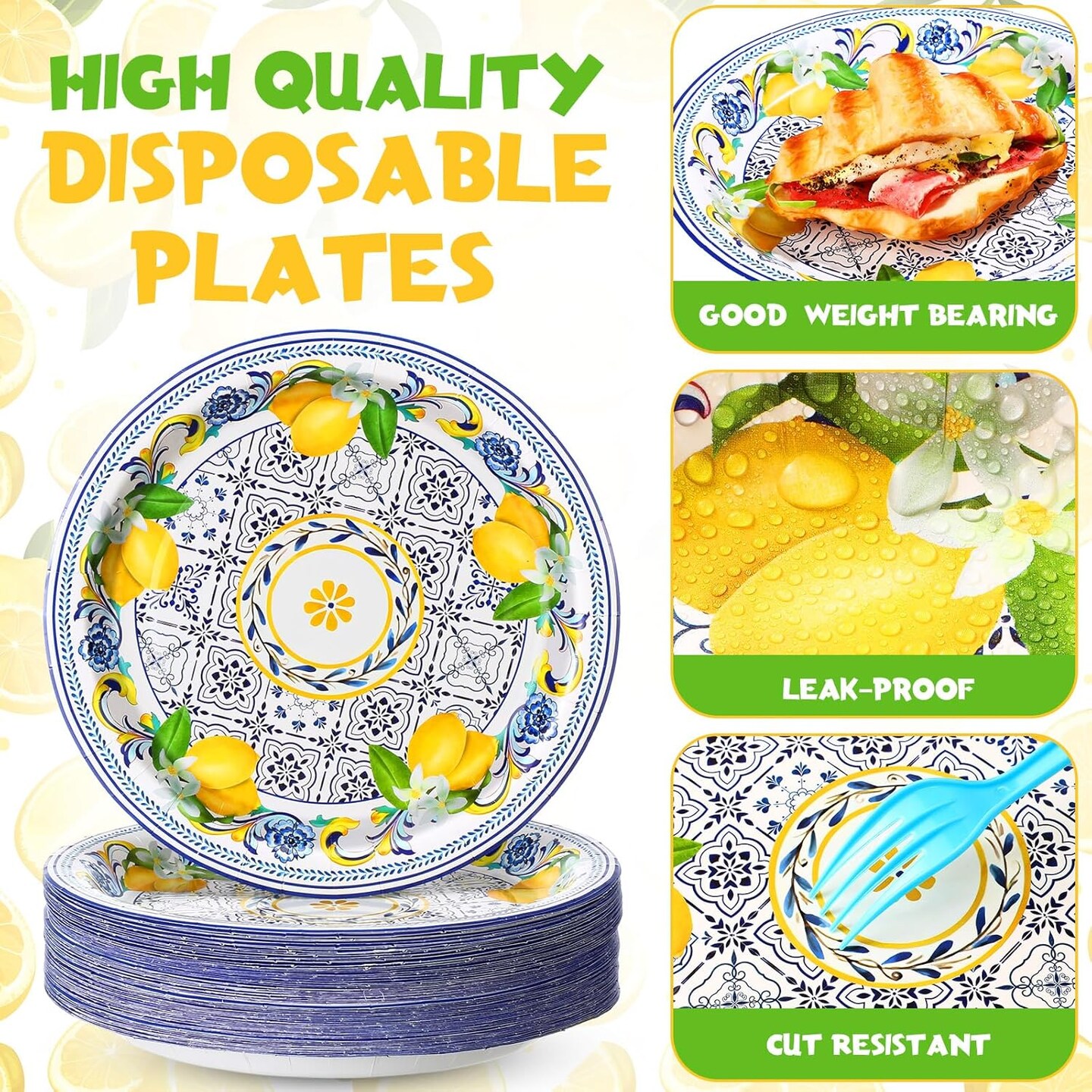 80 Pack Capri Lemon Paper Plates Set 9 in Blue Tiles (Multicolor)