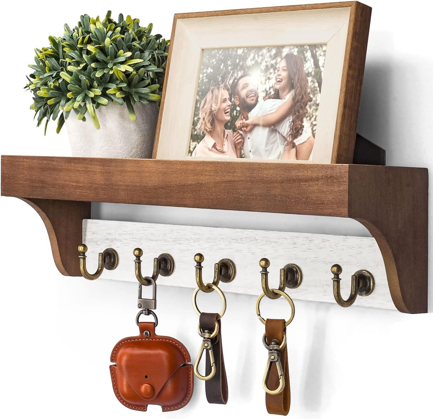 Key Holder for Wall with Shelf - Farmhouse 2-Color Key Rack with 5 Retro Keys Hooks and Primitive Wood Mail Organizer Wall Mount - Decorative Rustic Home Decor (Brown & White)
